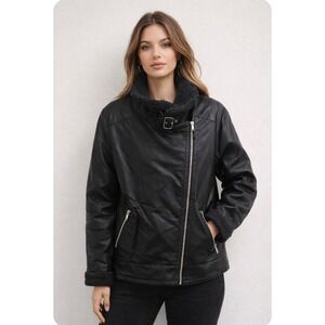 Hollister Cozy Biker Jacket Womens XL Black Faux Leather Sherpa Lined NWT